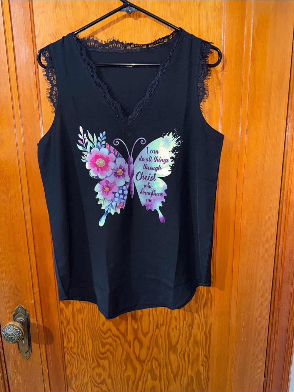 Black Lace-Trim Butterfly Graphic Tank Top with Inspirational Quote